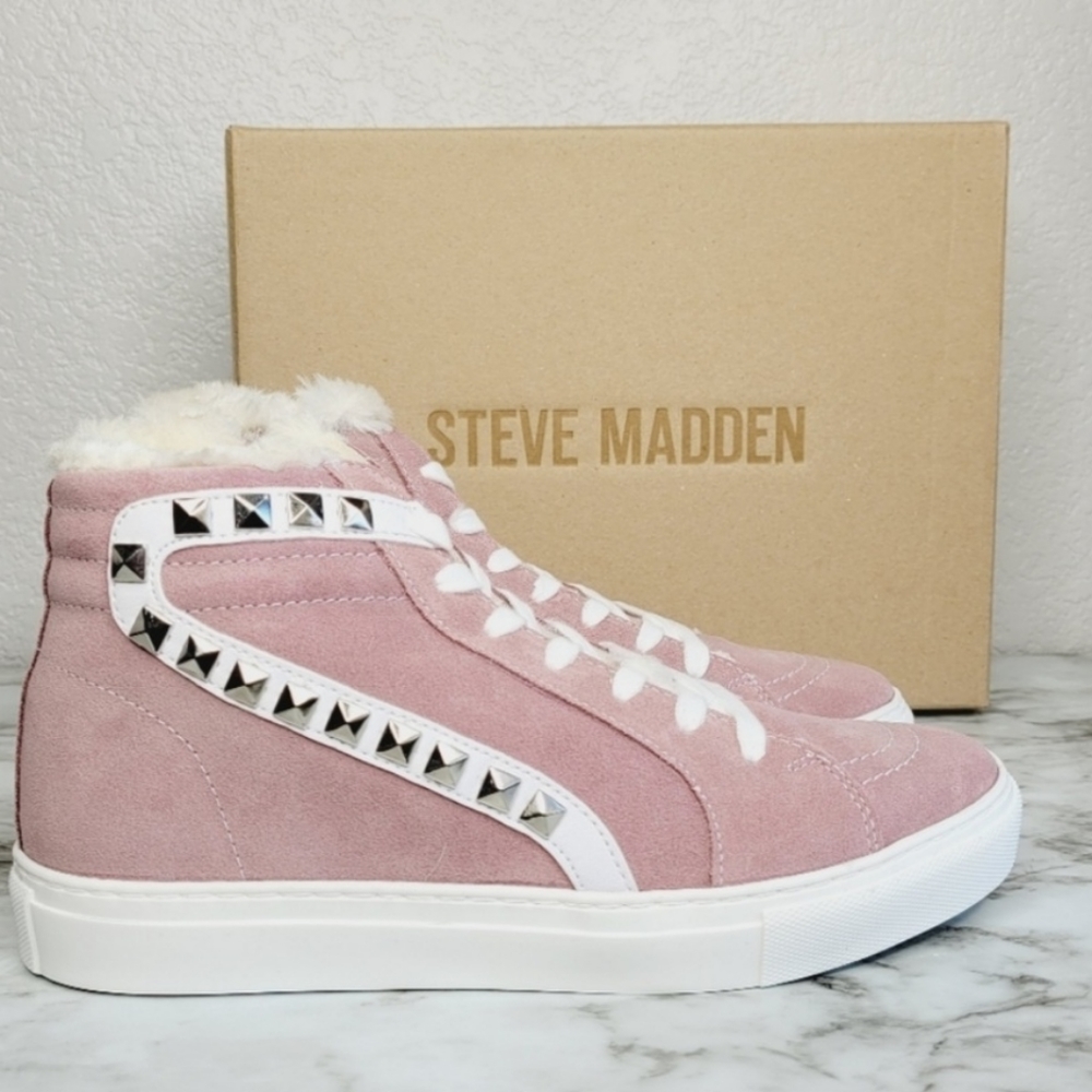 Steve Madden Tracey Leather Upper Faux Fur Studded Sneakers New 7.5